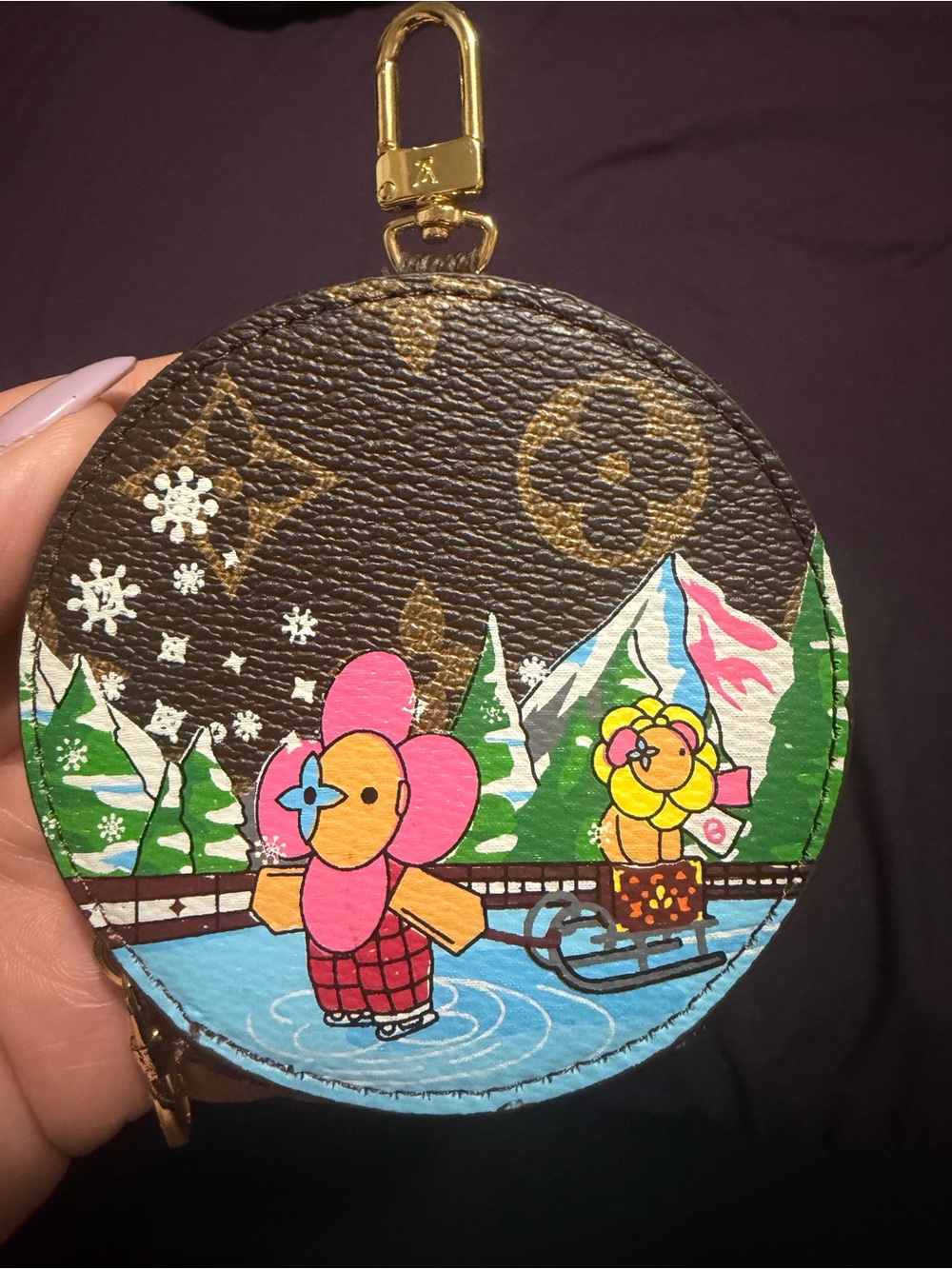Monogram Round Key Pouch with Hand-Painted Floral Characters
